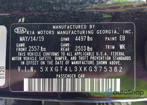 2019 Kia Optima Lx z USA, uszkodzony, nr VIN 5XXGT4L3XKG375382